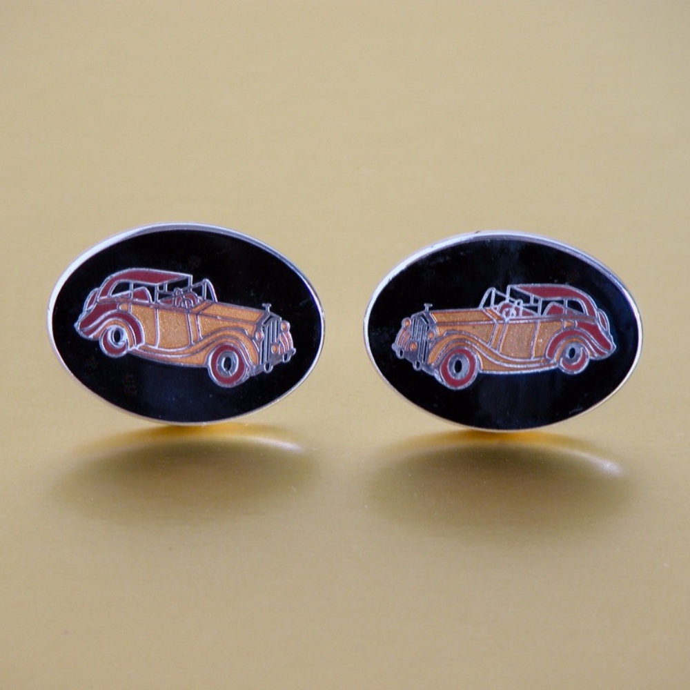 Vtg Rolls Royce Cufflinks Silver Tone Enamel Car